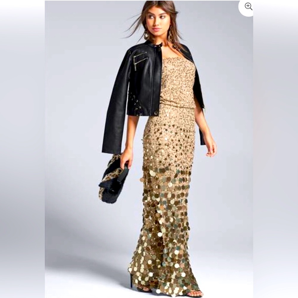 NWT VENUS Couture Gold Strapless Sequin Gown